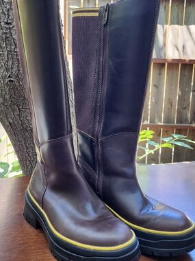 Timberland Malynn Waterproof Tall Leather Boots Brown Yellow Trim Size 7